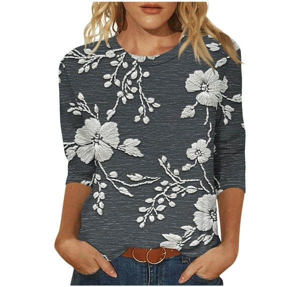 GERsome Women's 3/4 Sleeve Casual Tops Floral Print Crew Neck Loose Fit Shirts Blouses S-5XL Gray/L
