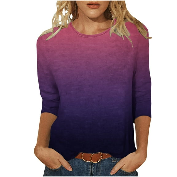 GERsome Women's 3/4 Sleeve Shirts, Casual Crew Neck Tunic Tops Loose Fit Pullover Gradient Color Shirts S-2XL /L