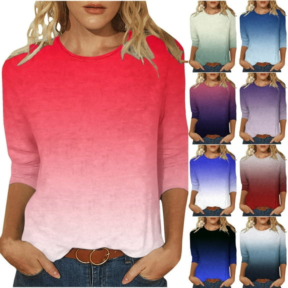 GERsome Women's 3/4 Sleeve Shirts, Casual Crew Neck Tunic Tops Loose Fit Pullover Gradient Color Shirts S-2XL /L