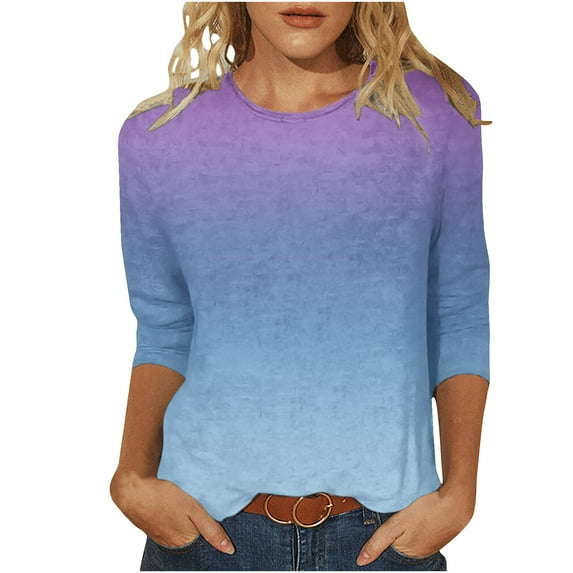 GERsome Women's 3/4 Sleeve Shirts, Casual Crew Neck Tunic Tops Loose Fit Pullover Gradient Color Shirts S-2XL Navy/XL