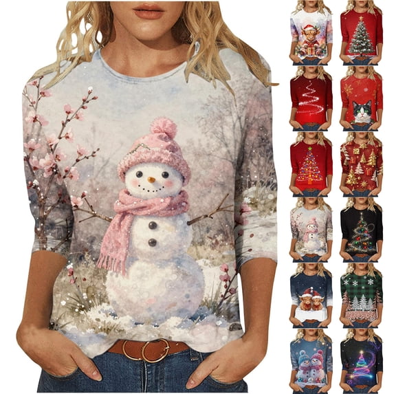 GERsome Women's 3/4 Sleeve Shirts for Christmas Crew Neck Xmas Snowman Graphic Casual Tee Tops Size L