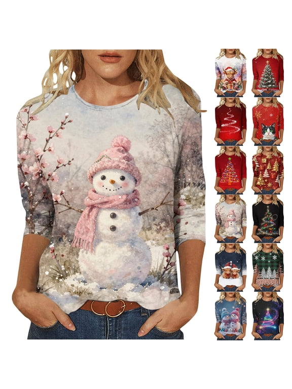 Women's 3/4 Sleeve Shirts for Christmas Crew Neck Xmas Snowman Graphic Casual Tee Tops Size XL