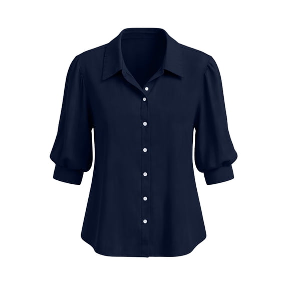 GERsome Women's 3/4 Sleeve T-Shirts Button Down V-Neck Loose Fit Summer Fall Casual Collared Shirts Navy M