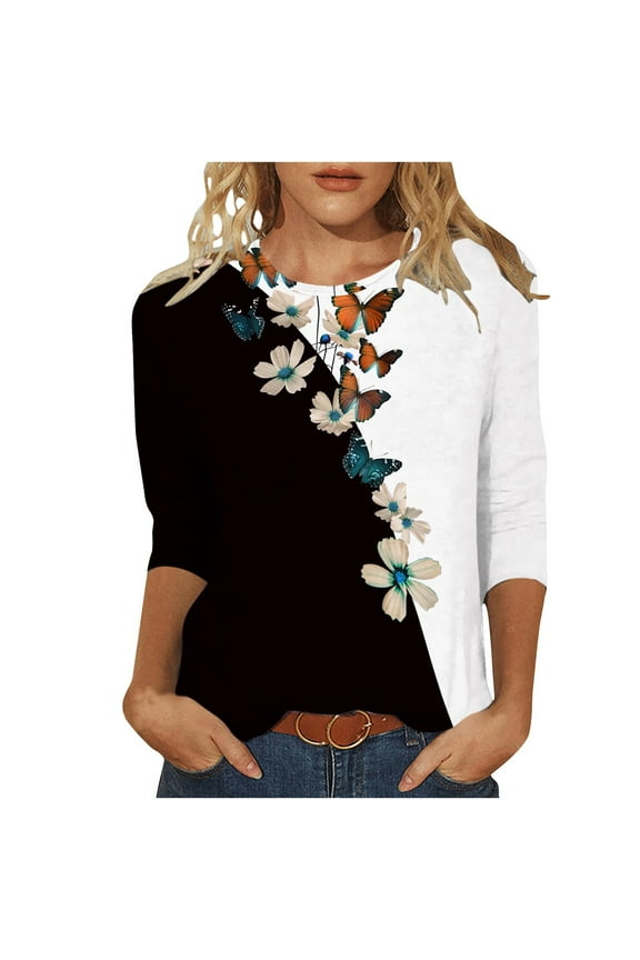 Women's 3/4 Sleeve T Shirts Crew Neck Mid Sleeve Floral Blouse Summer Basic Tunics Tee Tops