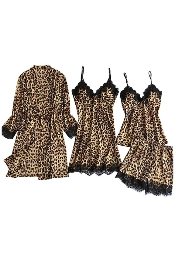 Women's 4pcs Sleepwear Satin Leopard Lace Trim Cami Pajama Set with Robe