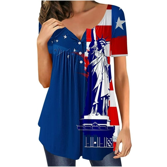 GERsome Women's 4th of July Patriotic T Shirts V Neck Short Sleeve Tops American Flag Tshirts USA Star Stripes Graphic Tees with Curved Hem S-2XL