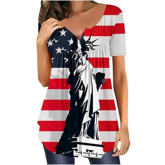 GERsome Women's 4th of July Patriotic T Shirts V Neck Short Sleeve Tops American Flag Tshirts USA Star Stripes Graphic Tees with Curved Hem S-2XL