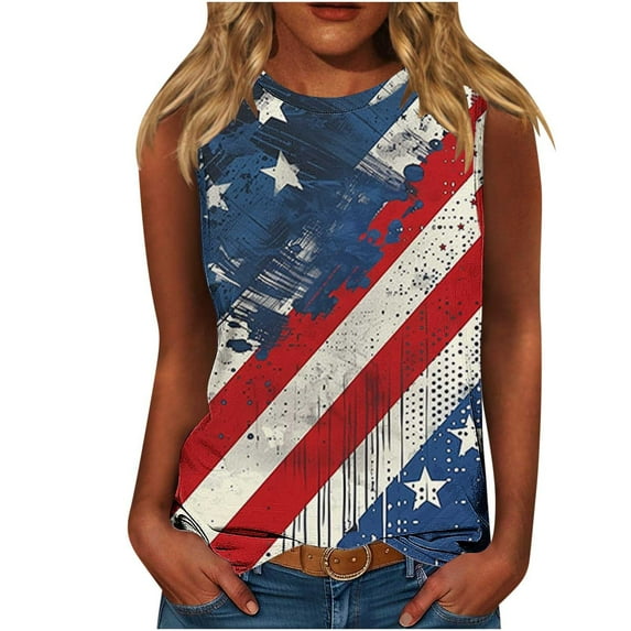 GERsome Women's 4th of July Patriotic Tank Tops American Flag Crewneck Sleeveless Loose Fit T-Shirts USA Flag Stars Stripes Tops S-5XL