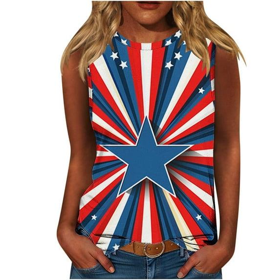 GERsome Women's 4th of July Patriotic Tank Tops American Flag Crewneck Sleeveless Loose Fit T-Shirts USA Flag Stars Stripes Tops S-5XL
