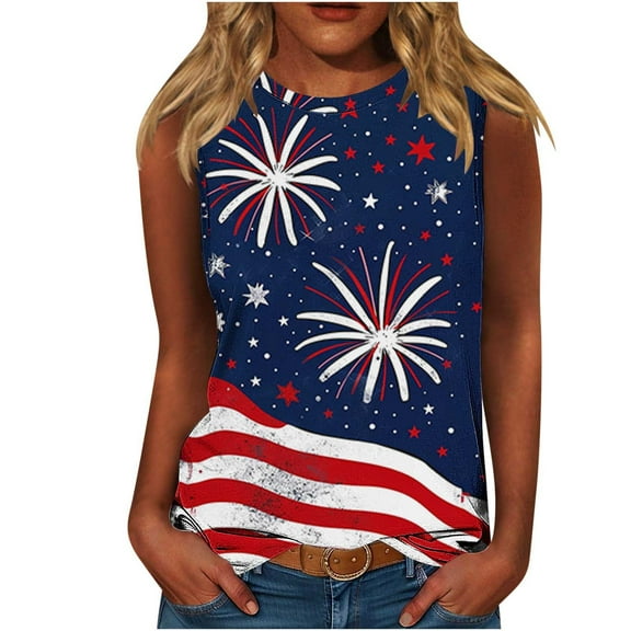 GERsome Women's 4th of July Patriotic Tank Tops American Flag Crewneck Sleeveless Loose Fit T-Shirts USA Flag Stars Stripes Tops S-5XL