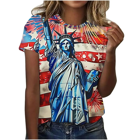 GERsome Women's 4th of July Short-Sleeve Crewneck T-Shirt American Flag Patriotic Tops USA Flag Stars Stripes Loose Fit Summer Tee S-5XL