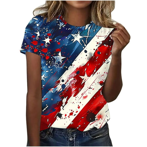 GERsome Women's 4th of July Short-Sleeve Crewneck T-Shirt American Flag Patriotic Tops USA Flag Stars Stripes Loose Fit Summer Tee S-5XL