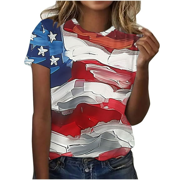 GERsome Women's 4th of July Short-Sleeve Crewneck T-Shirt American Flag Patriotic Tops USA Flag Stars Stripes Loose Fit Summer Tee S-5XL