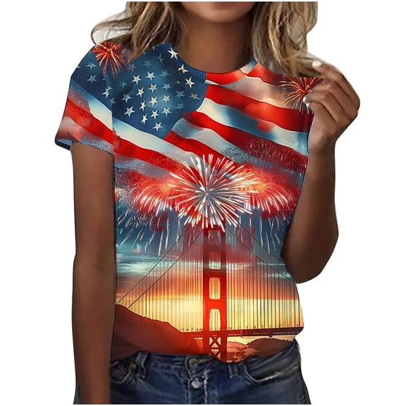 GERsome Women's 4th of July Short-Sleeve Crewneck T-Shirt American Flag Patriotic Tops USA Flag Stars Stripes Loose Fit Summer Tee S-5XL