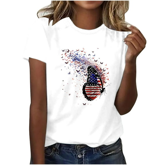 GERsome Women's 4th of July Short Sleeve Crewneck T-Shirt American Flag Patriotic Tshirt USA Flag Stars Stripes Loose Fit Tops S-3XL