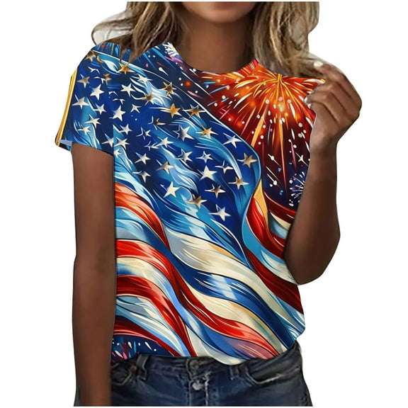 GERsome Women's 4th of July Short Sleeve Crewneck T-Shirt American Flag Patriotic Tshirt USA Flag Stars Stripes Loose Fit Tops S-3XL
