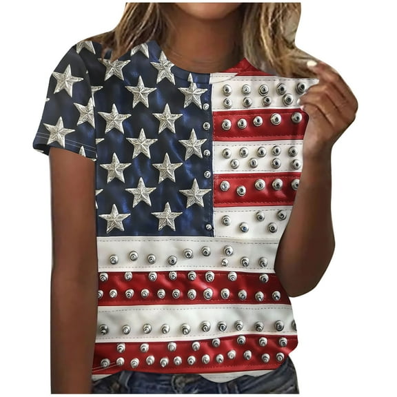 GERsome Women's 4th of July Short Sleeve T Shirts American Flag Patriotic Tops USA Flag Stars Stripes Crewneck Loose Fit Summer Tee S-2XL