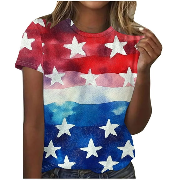 GERsome Women's 4th of July Short Sleeve T Shirts American Flag Patriotic Tops USA Flag Stars Stripes Crewneck Loose Fit Summer Tee S-2XL
