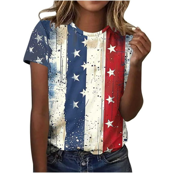 GERsome Women's 4th of July T-Shirt Short Sleeve Crewneck Tee American Flag Patriotic T-Shirt for Women Summer Loose Fit Pullover Tops S-5XL