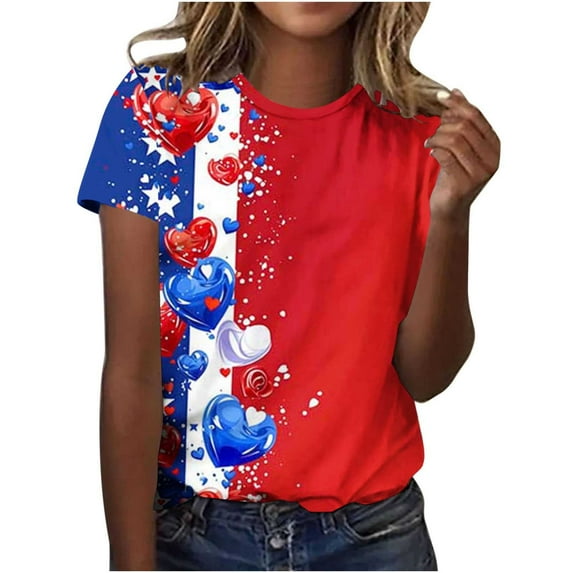 GERsome Women's 4th of July T-Shirt Short Sleeve Crewneck Tee American Flag Patriotic T-Shirt for Women Summer Loose Fit Pullover Tops S-5XL
