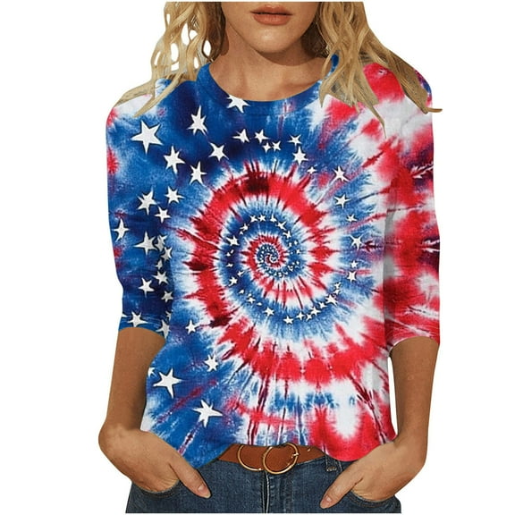 GERsome Women's 4th of July T-Shirts Loose Fit 3/4 Sleeve Crewneck American Flag Patriotic Tops USA Flag Stars Stripes Graphic Tee S-5XL