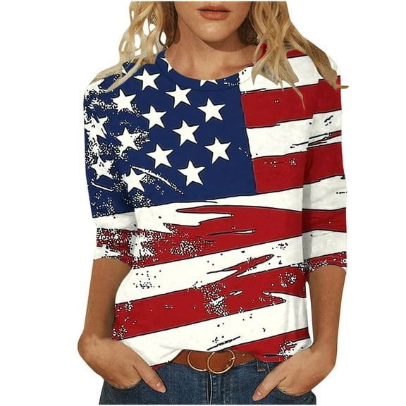 GERsome Women's 4th of July T-Shirts Loose Fit 3/4 Sleeve Crewneck American Flag Patriotic Tops USA Flag Stars Stripes Graphic Tee S-5XL
