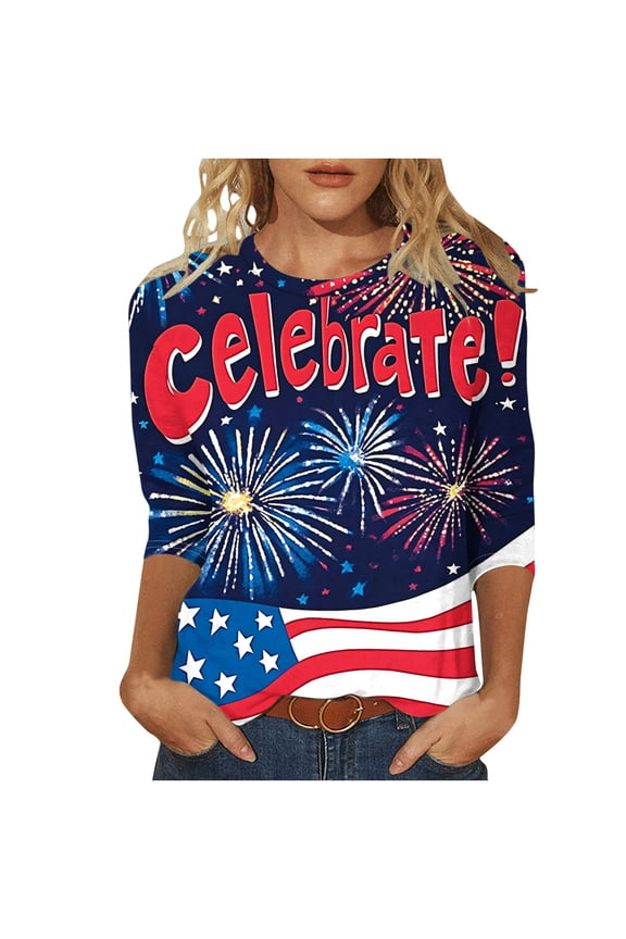 Women's 4th of July T-Shirts Loose Fit 3/4 Sleeve Crewneck American Flag Patriotic Tops USA Flag Stars Stripes Graphic Tee S-5XL