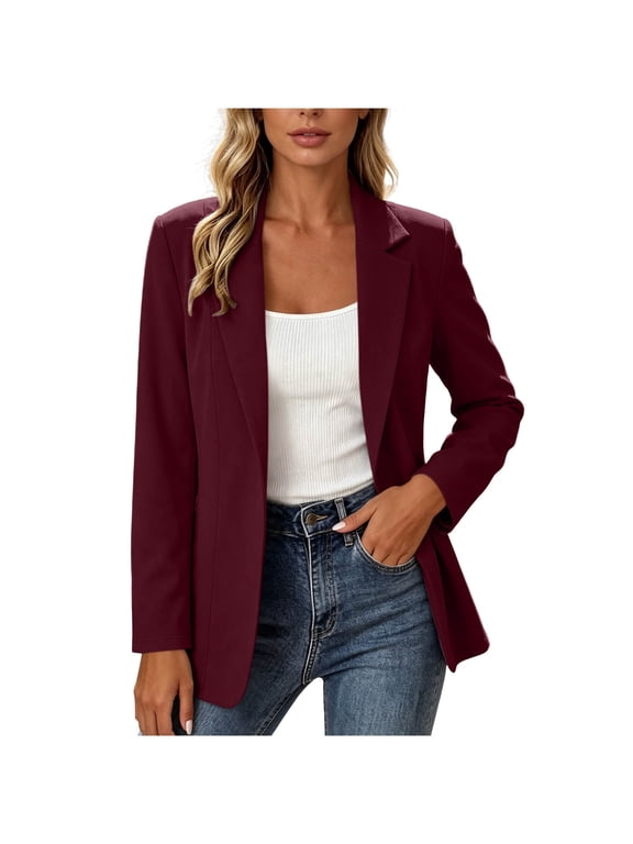 Women's Blazer Long Sleeve Business Casual Open Front Lapel Work Suit Jacket Wine L