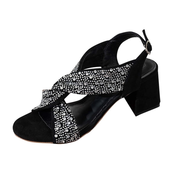 GERsome Women's Block Chunky Heel Sandals Slip-On Open Toe Slingback Rhinestones Dress Pump Sandals for Wedding Party, Black Size 8.5