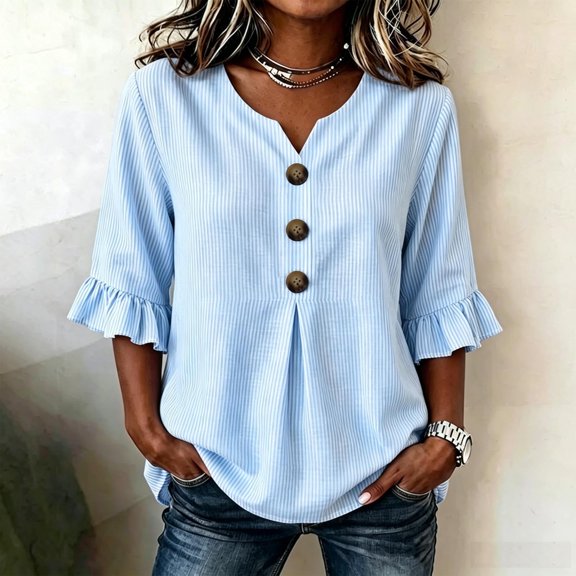 GERsome Women's Button Down Shirts V-Neck Ruffled 3/4 Sleeve Blouse Loose Fit Tops for Casual Work Light Blue 2XL