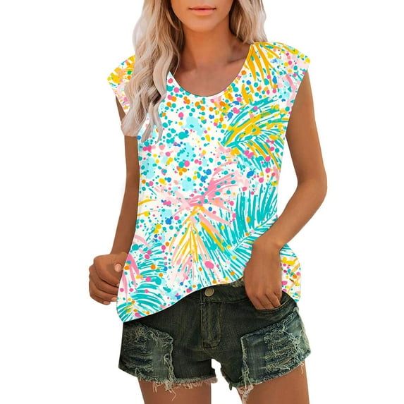 GERsome Women's Cap Sleeve Tank Tops U Neck Spring Summer T-Shirt Casual Workout Floral Tee Shirts Beach Vacation S-3XL