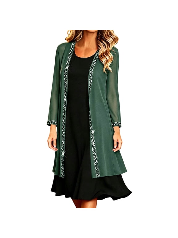 Women's Cardigan Sequin Trim Open Front Long Sleeve Sparkly Evening Duster Flowy Lightweight Party Shawl Size S