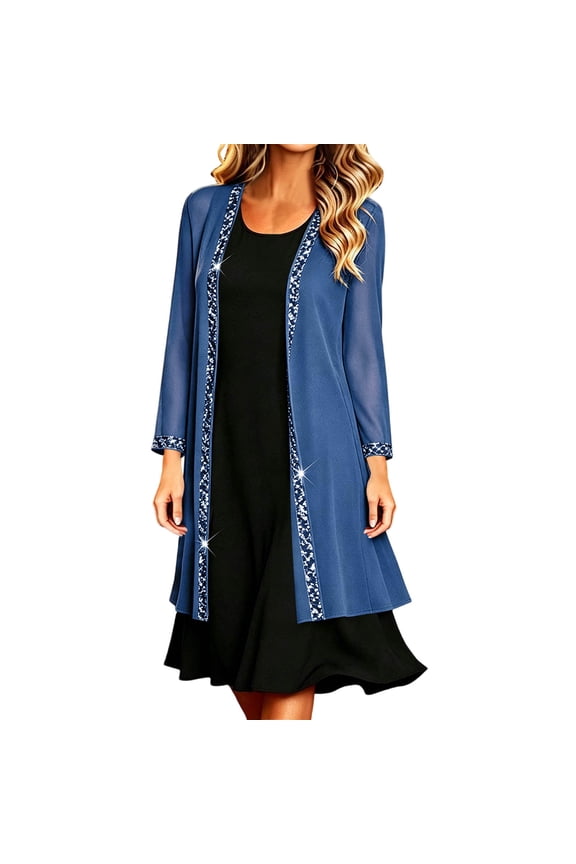 Women's Cardigan Sequin Trim Open Front Long Sleeve Sparkly Evening Duster Flowy Lightweight Party Shawl Size S