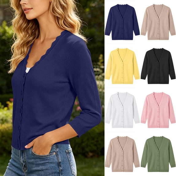 GERsome Women's Cardigans 3/4 Sleeve Button Down V-Neck Open Front Lightweight Casual Knit Sweaters Navy L