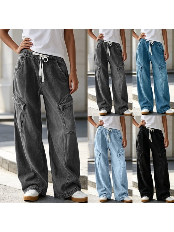 Women's Cargo Jeans Drawstring Elastic Waist Wide Leg Denim Pants Loose Fit Trousers with Side Pockets Sky Blue Size S