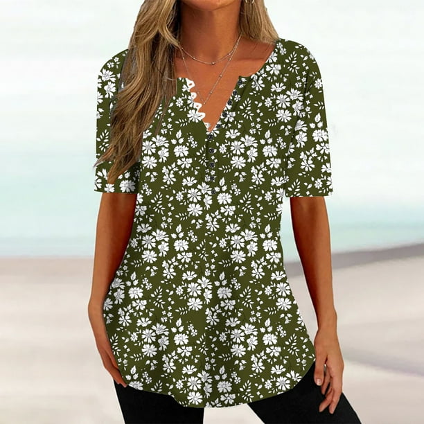 GERsome Women's Casual Boho Floral Print V Neck Short Sleeve Loose