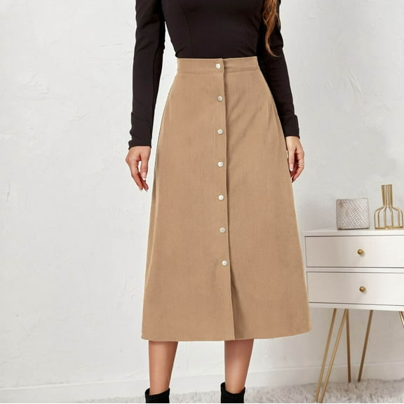 GERsome Women's Casual High Waist Button Front A Line Midi Skirt