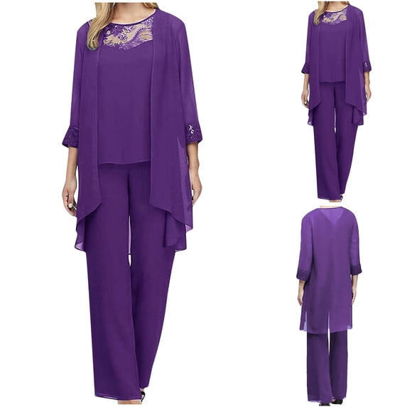 GERsome Women's Chiffon and Lace 3 Pieces Mother Suit Pants Wedding Guest Party Evening Outfit