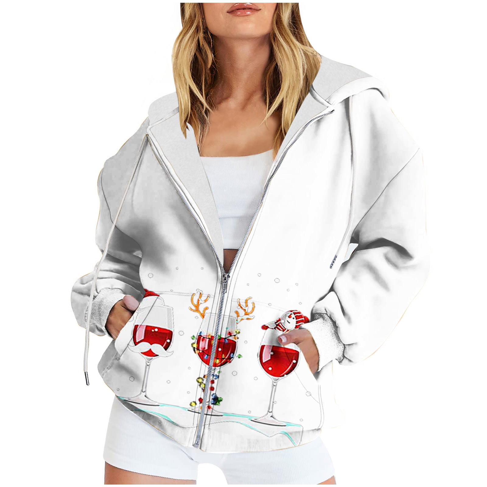 GERsome Women's Christmas Hooded Sweatshirts Casual Full Zip Funny Red