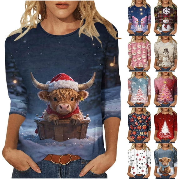 GERsome Women's Christmas T-Shirts 3/4 Sleeve Crew Neck Novelty Xmas Graphic Holiday Casual Blouse Size 3XL