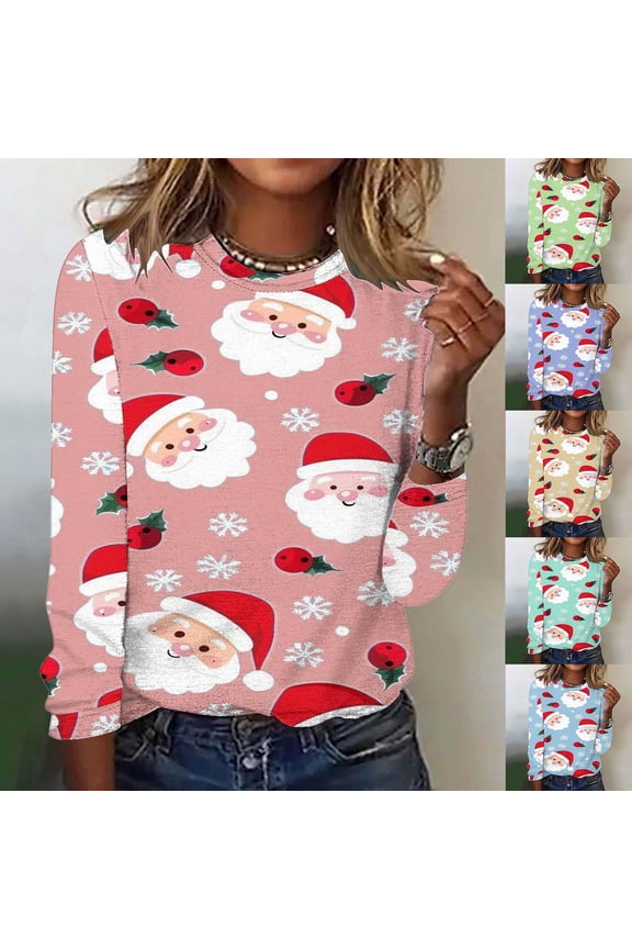 Women's Christmas Tops Casual Long Sleeve Tunic Round Neck Pullover Shirts Cute Santa Claus (S-XXL)