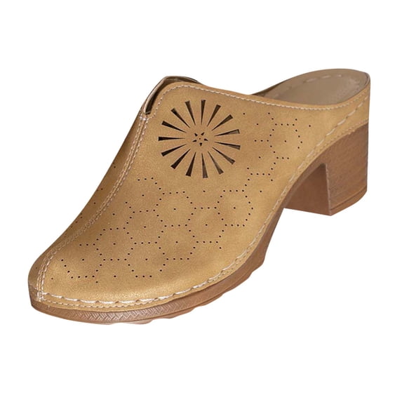 GERsome Women's Chunky Block Heels Clogs Closed Toe Slip-On Mules Low Flatform Summer Travel Beach Slide Sandals, Khaki Size 7.5