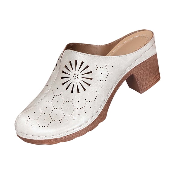 GERsome Women's Chunky Block Heels Clogs Closed Toe Slip-On Mules Low Flatform Summer Travel Beach Slide Sandals, White Size 8