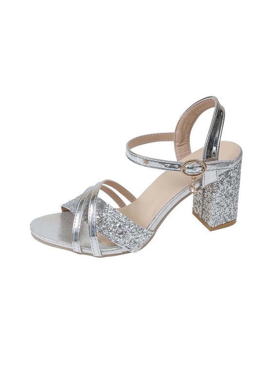 Women's Chunky Block Heels Sandal Ankle Strap Summer Open Toe Work Party Dress Pumps Shoes, Silver Size 9