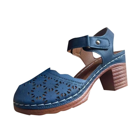 GERsome Women's Chunky Block Heels Sandals Closed Round Toe Ankle Strap Pumps Summer Beach Casual Work Dress Shoes, Blue Size 5.5