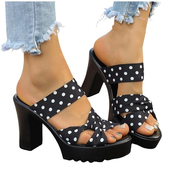 GERsome Women's Chunky Block Heels Sandals Polka Dot Strap Open Toe Platform Slip-On Dress Shoes for Wedding Party Prom Black Size 9.5