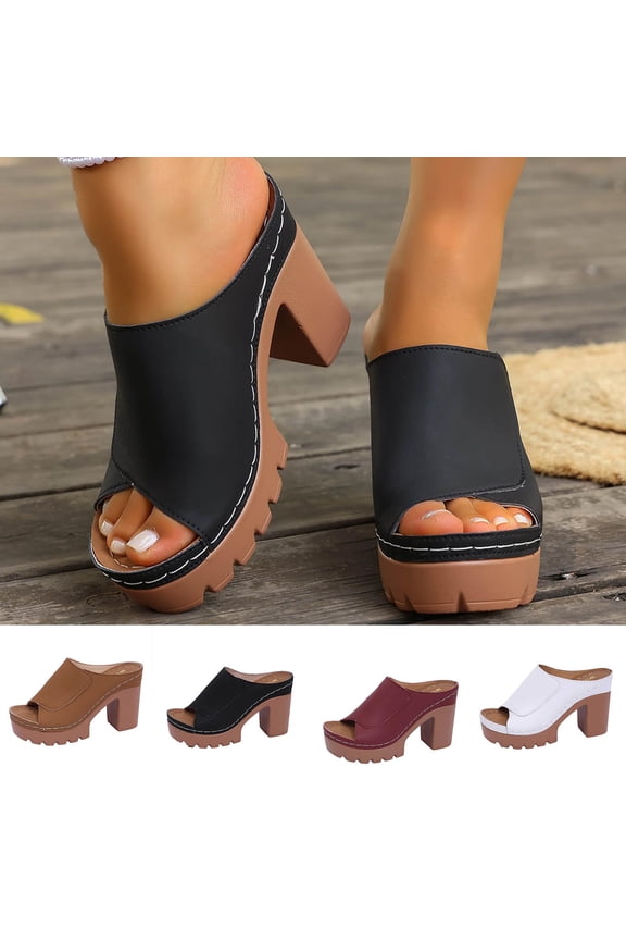 Women's Chunky Block Heels Sandals Slip-On Platform High Heel Summer Open Toe Comfy Dress Shoes for Work Party Daily Black Size 6.5