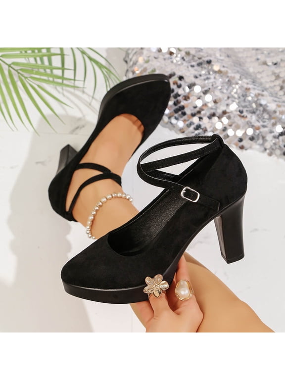 Women's Chunky Heels Pumps Closed Pointy Toe Ankle Strap Work Office Wedding Party Dress Shoes, Black Size 6.5