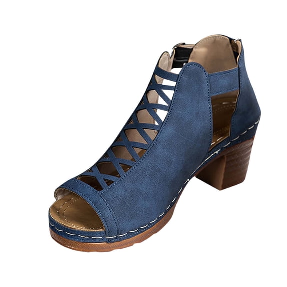 GERsome Women's Chunky Heels Sandals Back Zipper Slip-On Open Toe Dress Pump Sandals for Wedding Prom Party Summer Beach, Blue Size 8
