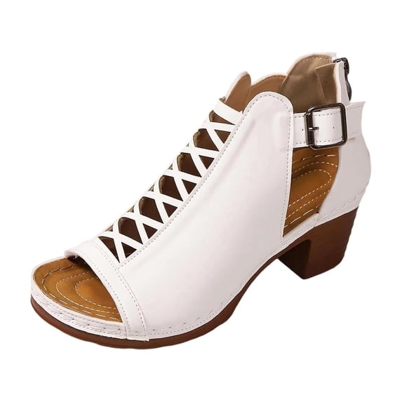 GERsome Women's Chunky Heels Sandals Back Zipper Slip-On Open Toe Dress Pump Sandals for Wedding Prom Party Summer Beach, White Size 9.5